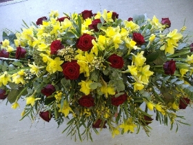 67 red roses and daffodils spring